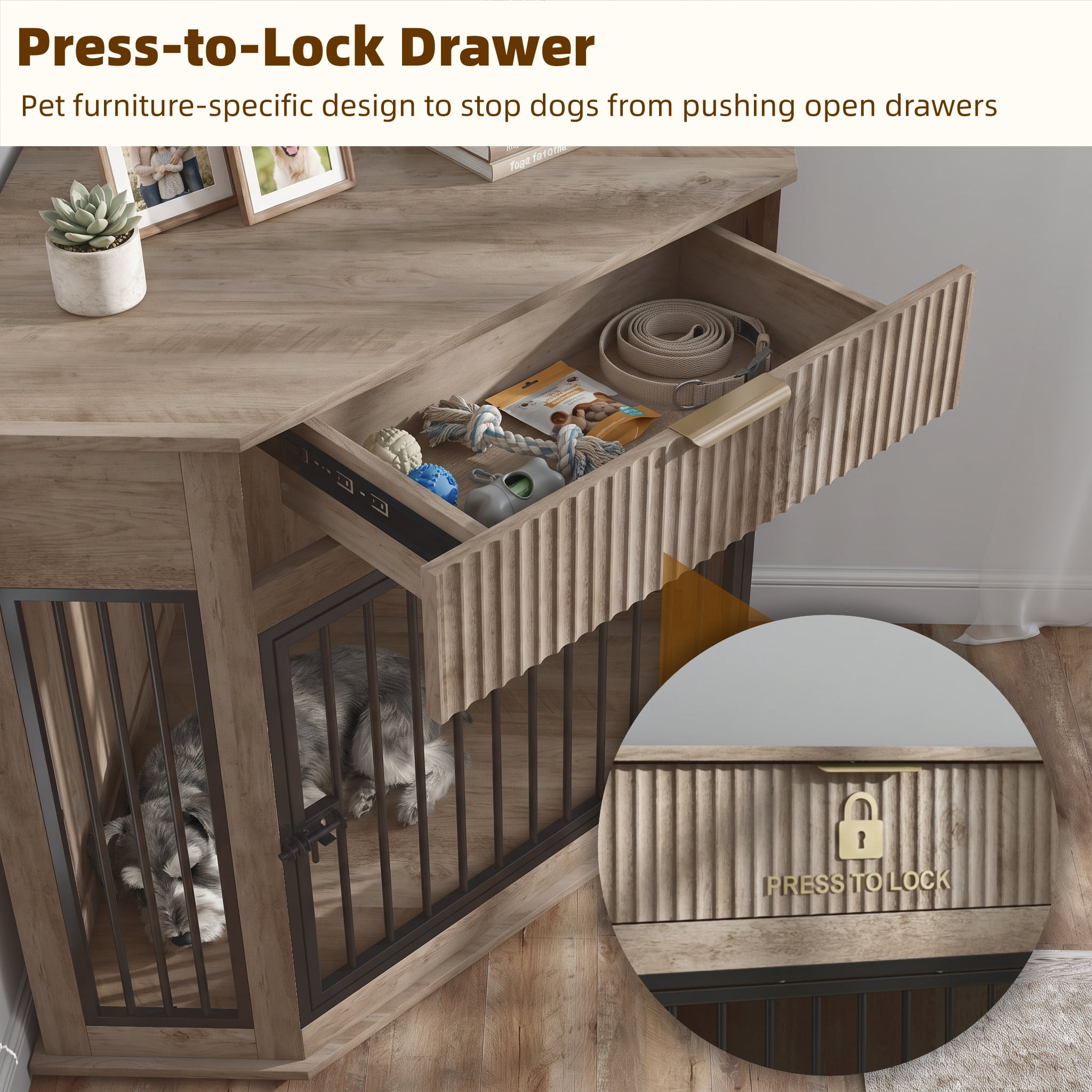 44.6" Corner MDF Dog Crate Furniture for Small/Medium Dogs, Decorative Dog Kennel End Table with Fluted Drawer Storage, Modern Space-Saving Dog Cage Cabinet for Home Décor Indoor(Grey Oak)