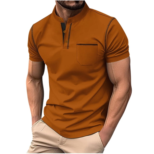 Shirts for Men, Mens Patchwork Button-Up Short Sleeve Stand Collar Top Stand Collar Top/Shirt