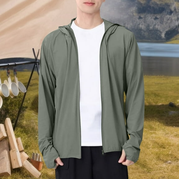 Fengqque Men's Full Zip Up Sun Protection Hoodie Jacket Long Sleeve Lightweight UV Shirts for Men Hiking Fishing Sun Protection Hoodie Men Army Green-A M(M)