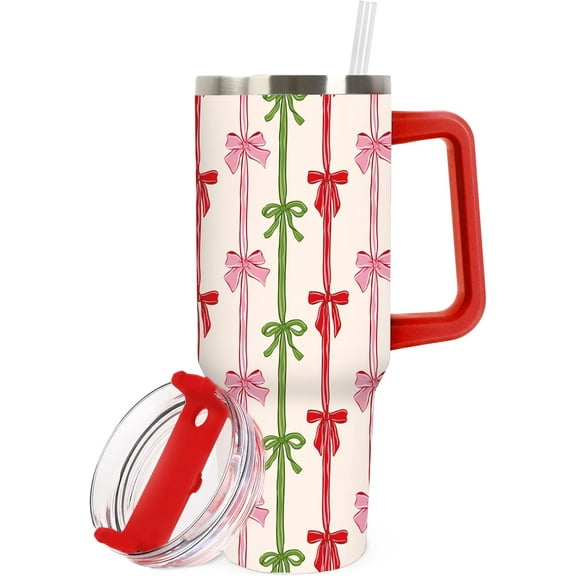 Christmas Tumbler with Handle 40oz Pink Red Green Bow Tumbler with Lid Straw Bowknot Stainless Steel Cup for Xmas Winter Home Office Travel