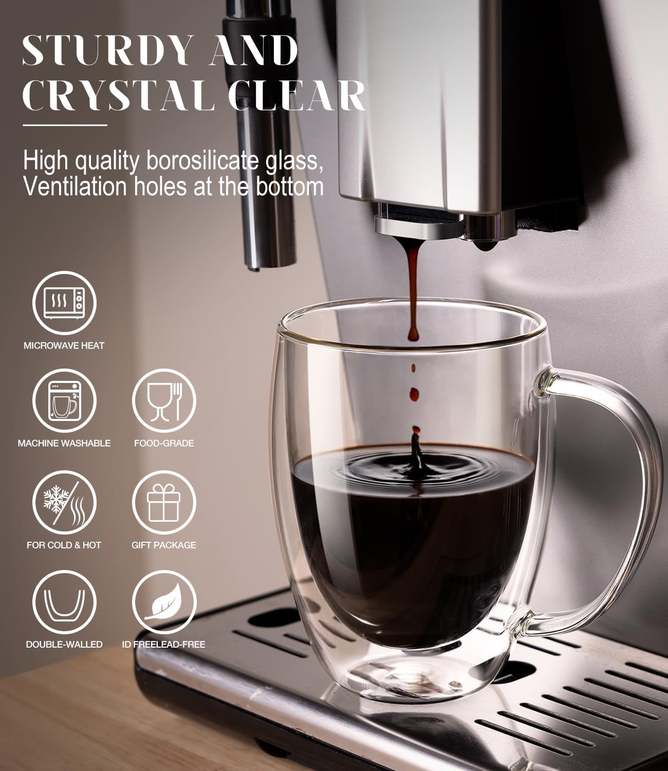 Double Walled Glass Coffee Mugs Set of 5, 12.5OZ Hand Blown Insulated Clear Glass Coffee Cups with Handle,Perfect for Latte,Cappuccino, Espresso, American,Tea Bag, Beverage