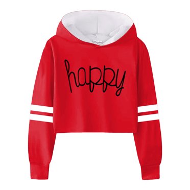 PMVFHDE Chandails Doux pour Filles Chandail pour Filles Filles Enfants Décontracté Ample Actif Manches Longues Chandails à Capuchon Chandails à Capuchon Court Chandail à Enfiler Imprimé de Lettres Rayé Court pour Ados Hauts pour Filles Rouge,6-7 Ans