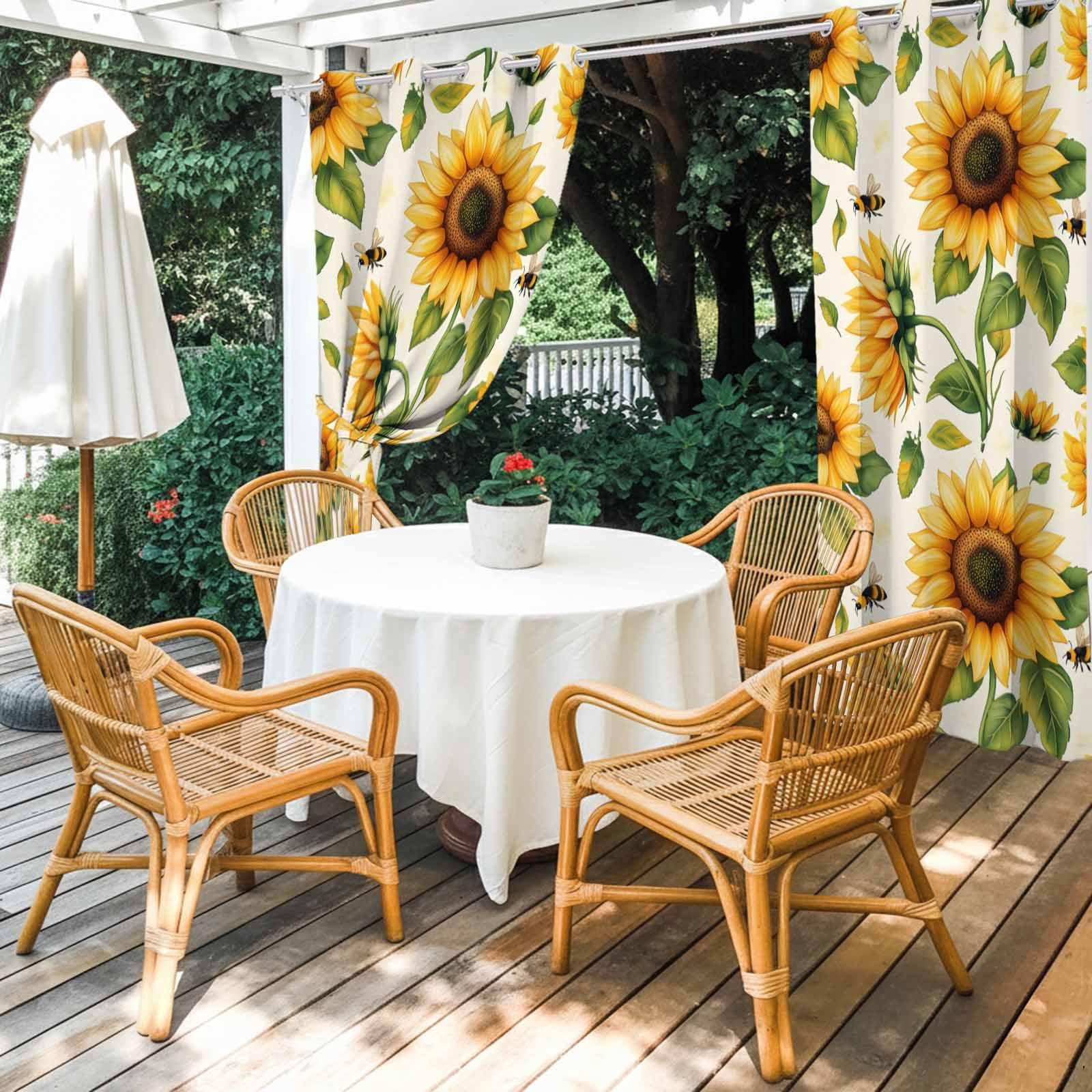 Summer Floral Outdoor Curtains for Patio, Watercolor Flowers Romantic Sunflower Farmhouse Bee Waterproof Outside Curtains Privacy Blackout Curtain for Porch Pergola Cabana, 1 Panel 54W x 84L Inch