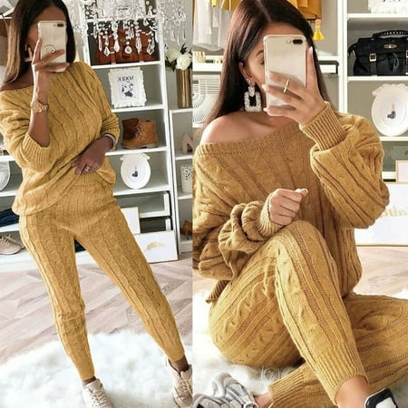 

LnjYIGJ Workout Sets for Women Womens Ladies Solid Off Shoulder Cable Knitted Warm 2PC Loungewear Suit Set