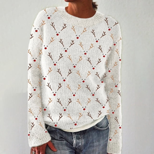 Chandail pour Femmes Chandail Vintage Imprimé Artistique Col Rond Chandail Blanc Chandail pour Femmes TTG