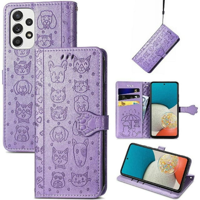 Funda Cartera FOXDOCK para Samsung Galaxy A53 5G , Flip PU con Relieve de Gatos y Perros, Tarjetero y Soporte
