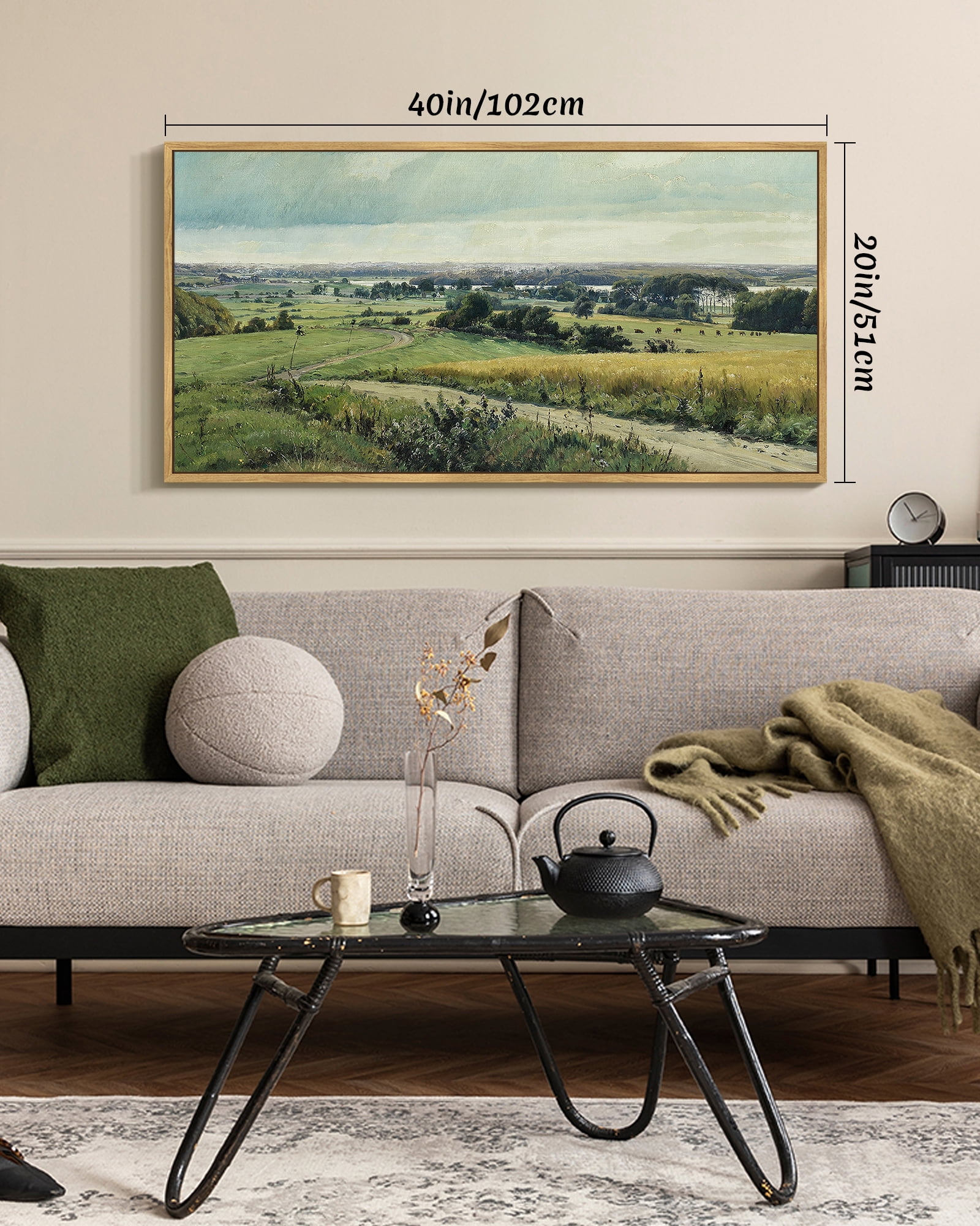 Drsoum Large 20x40in Natural Framed Vintage Landscape Wall Art Rustic Countryside Meadow Farmhouse Decor Retro Grassland Painting for Bedroom Living room Bedroom