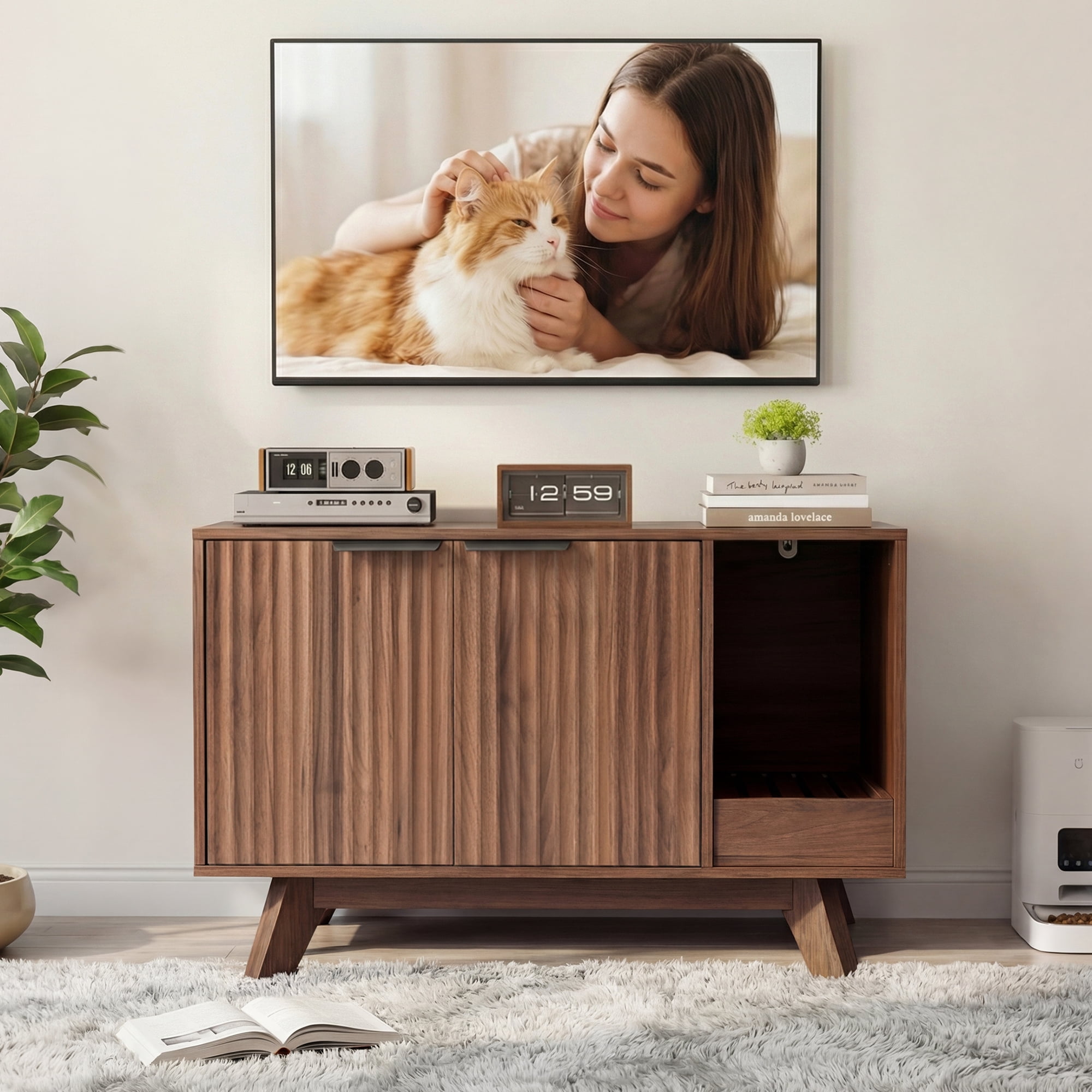 YDN Modern Litter Box Enclosure for Cats- 31.5" Indoors Hidden Cat Litter Box Furniture for 2 Cats, Wooden Cats Washroom Side Cabinet with Scratching Pad for Most Cat Litter Box,Walnut
