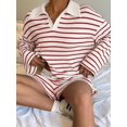 thumbnail image 6 of Women'S Striped Knit Collared Long Sleeve Top and Shorts Two-Piece Outfit Set Red L, 6 of 9