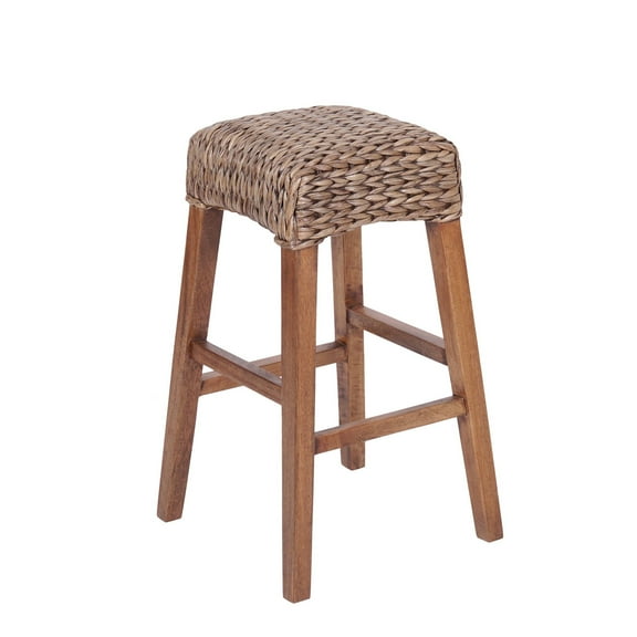 Maui 29.5" Rustic Bohemian Hyacinth/Wood Backless Bar Stool, Brown Wash Woven Seat with Natural Wood Frame