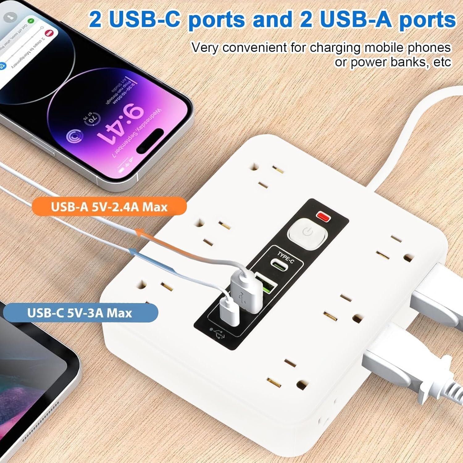 16-in-1 Power Strip with Switch & Surge Protection, 6.5FT Flat Plug Power Strip Surge Protector with 12 Outlets 2 USB & 2 Type-C Ports for Home Office