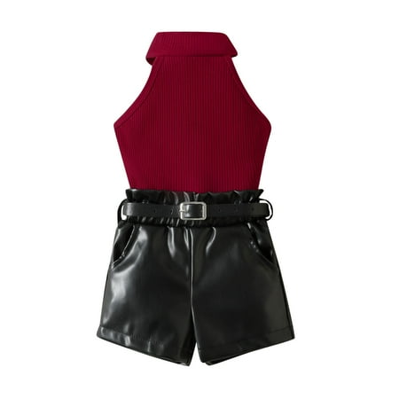 

ZHAGHMIN Solid Color Tank Top And Letter Print Leggings Set Toddler Girls Clothes Set Summer Sleeveless Ribbed Strap Tops Pu Leather Shorts 2Pcs Suit Children Clothing Kids Outfits Girl Outfits Size