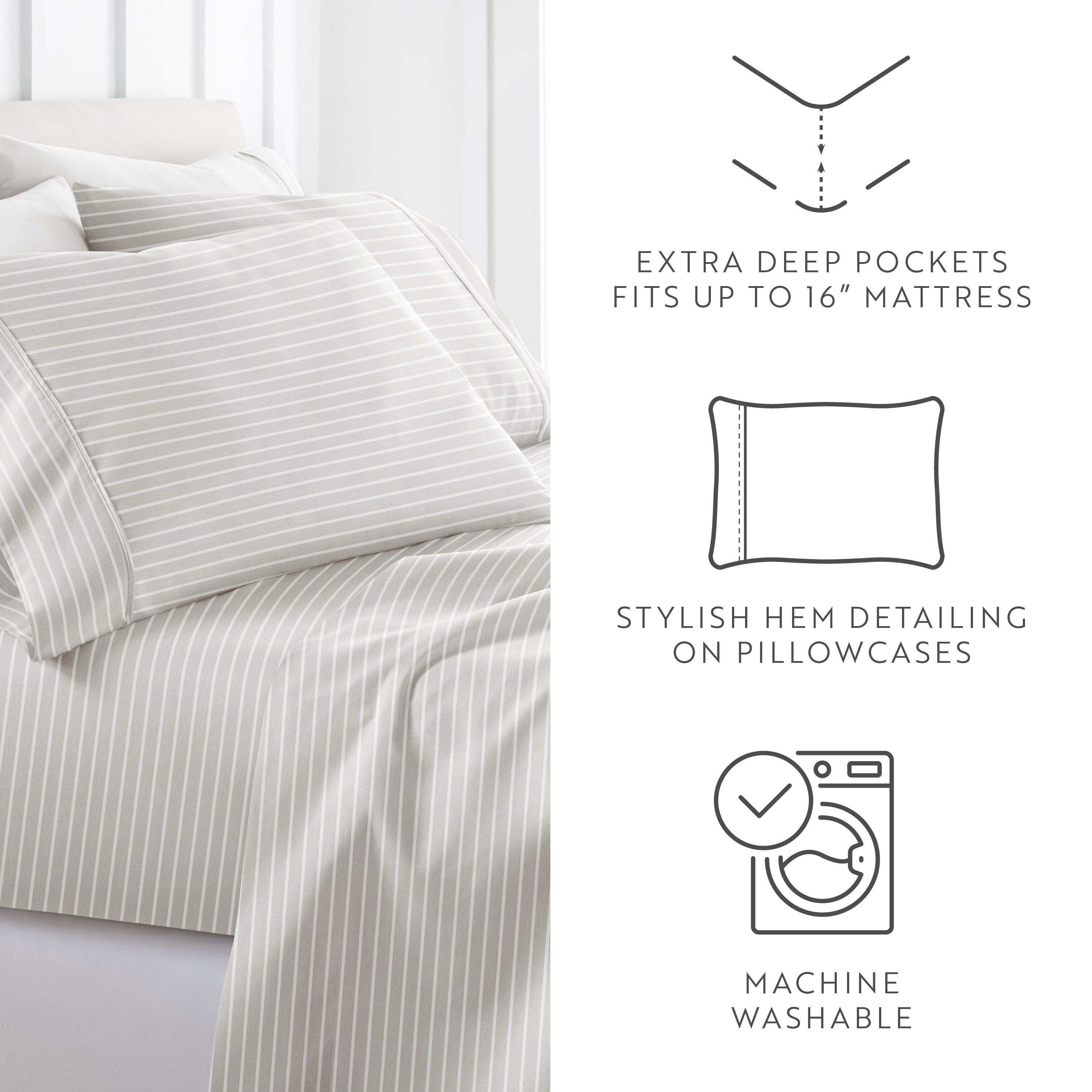 Noble Linens 4 Piece Pattern Microfiber Bed Sheets Set, Soft Lines Light Gray, Queen