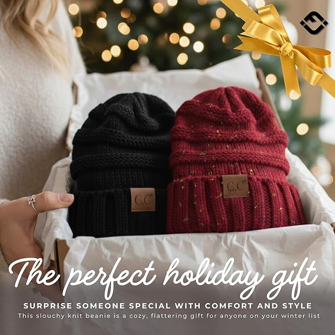 Funky Junque Slouchy Beanie for Women – Warm Winter Hat, Soft Chunky Cable Knit Oversized Slouch Beanies for Cold Weather, Cozy Stylish Fashion Hats - 2 Pack - Black & Confetti Burgundy