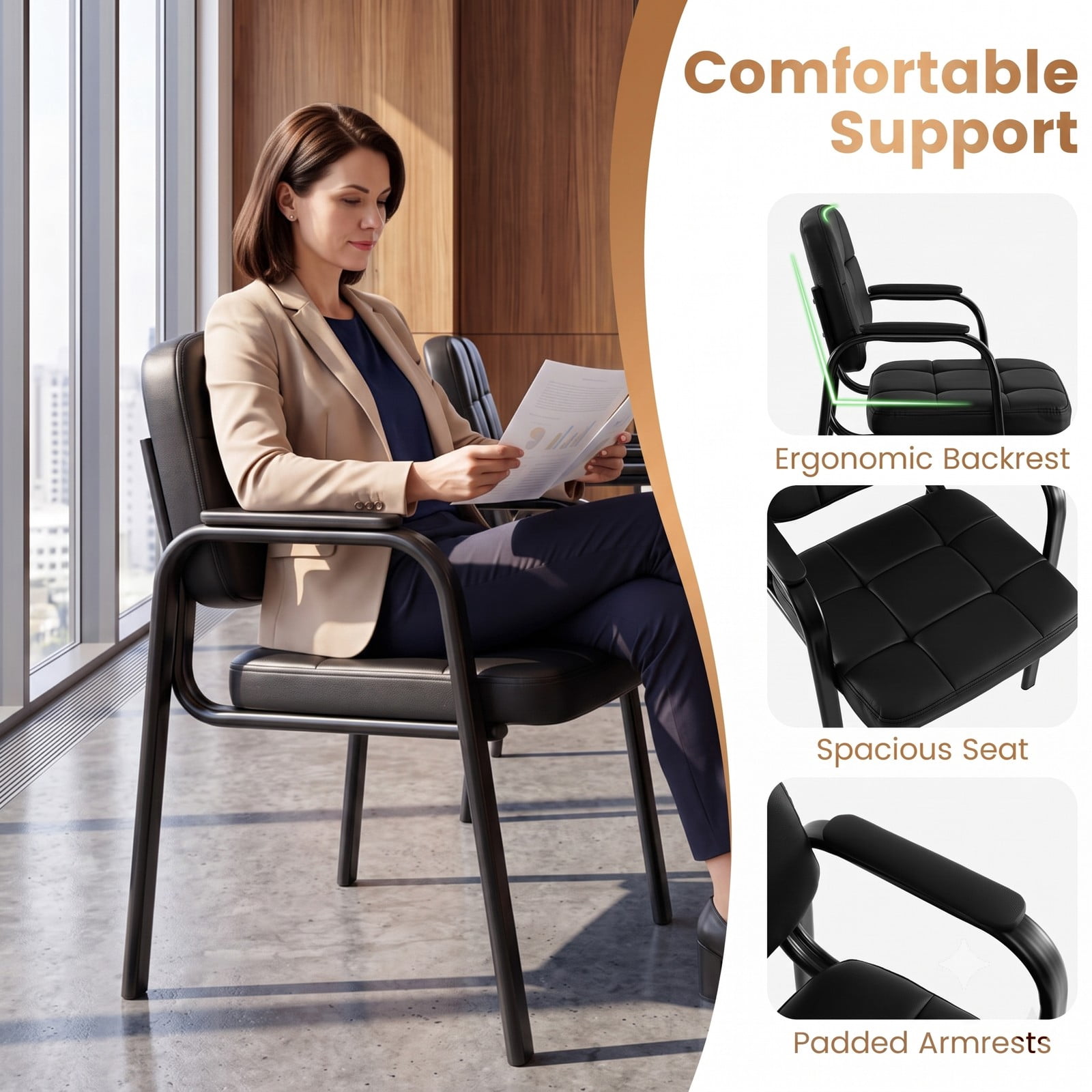 Furnibear Leather Office Reception Chairs, Set of 2 Waiting Room Guest Chairs with Padded Armrests, Ergonomic Waterproof PVC Sled Base Reception Seating for, Black