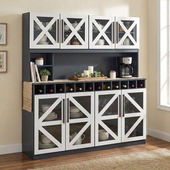 Resenkos 70 Inch Farmhouse Pantry Cabinet, Buffet Hutch with 4 Cabinet 2 Open Shelf Storage for Kitchen, Dark Gray