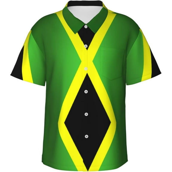 Jamaican Flag Mens Hawaiian Shirt Short Sleeve Casual Button Up Tropical Summer Beach Shirt