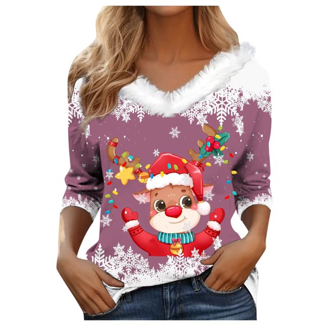 WEAIXIMIUNG T-Shirt à Manches Longues Imprimé de Noël pour Femmes Automne Hiver Mode Décontractée Col en V