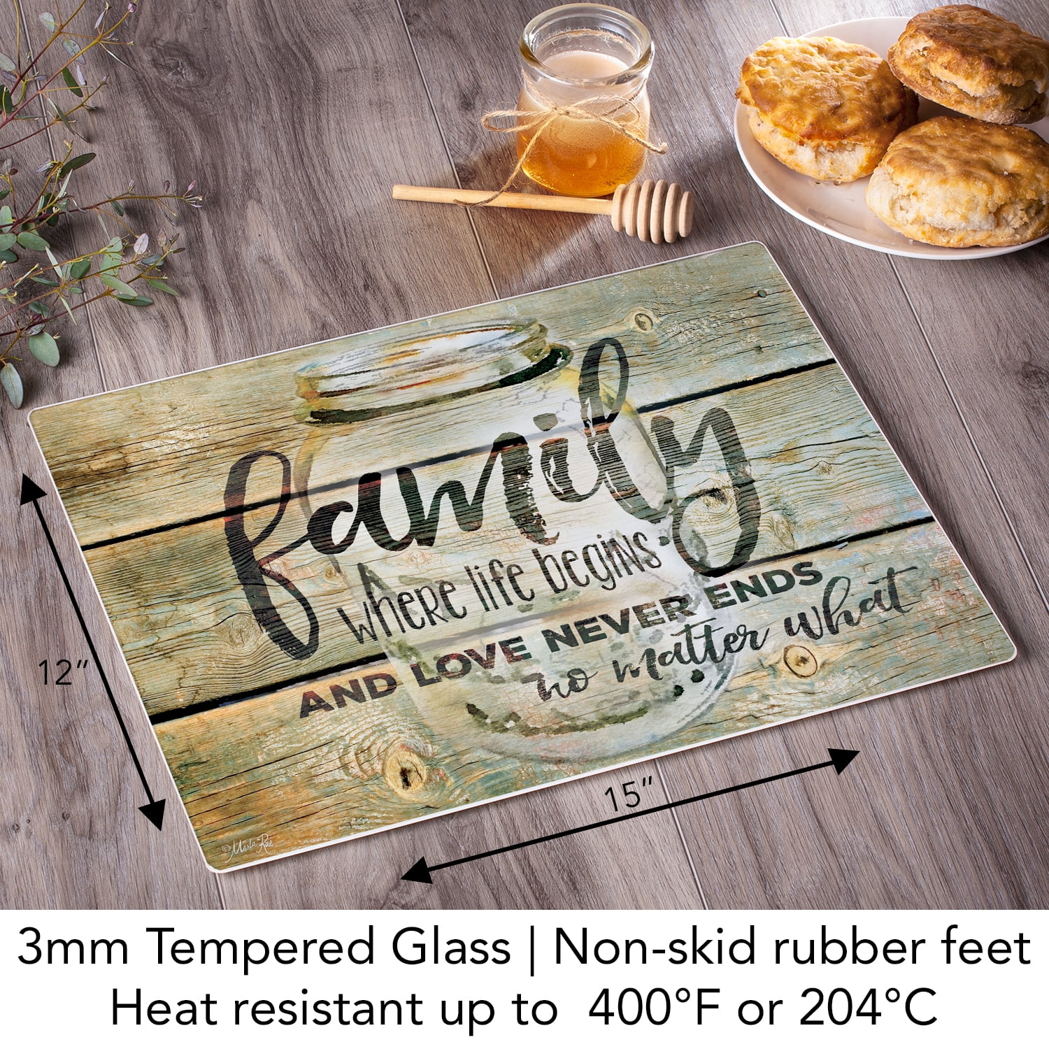 CounterArt "Family Time" 3mm Heat Tolerant Glass Cutting Board 15" x 12"