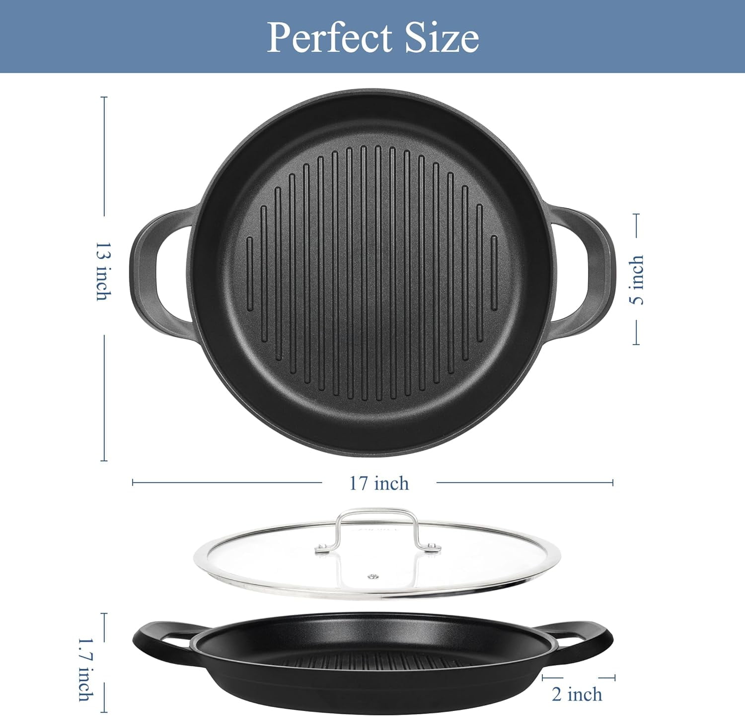 Nonstick Grill Pan for Stove tops | 13.0" Skillet with Lid, Induction Compatible, Dishwasher & Oven Safe