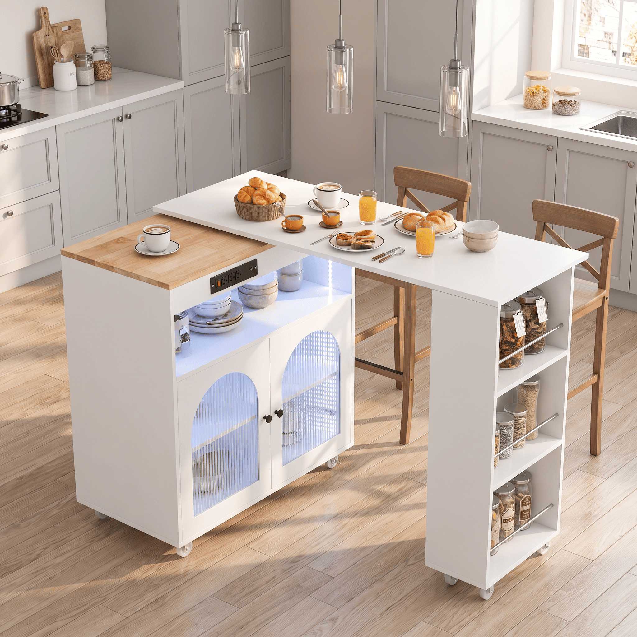 Homy Casa 56" White Rolling Kitchen Island with Power Outlets, LED Storage Cabinet and Extension Top