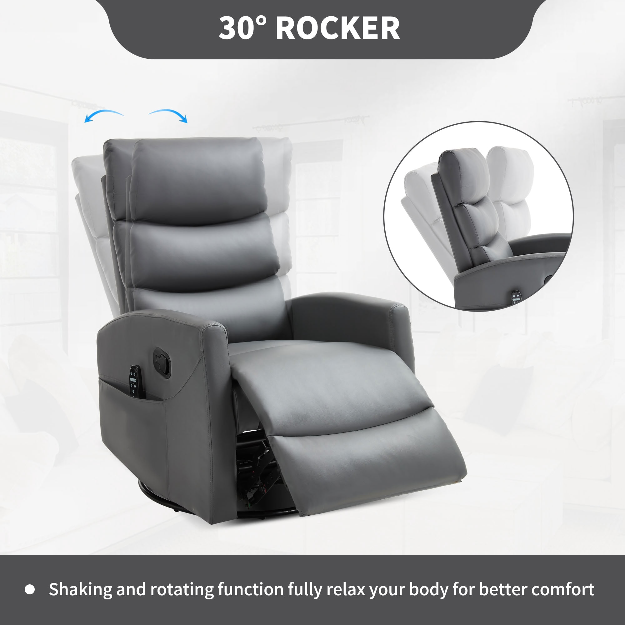 MAYEERTY 360 Degree Swivel Rocker Recliner Chair, Manual Recline Faux Leather Glider Chair with 8-Point Vibration Massage & Lumbar Heat, for Living Room Nursery Bedroom