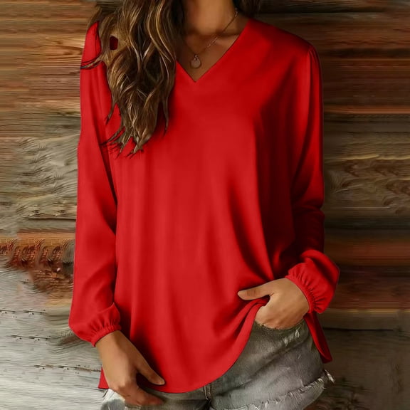Yrmaups Loose Fit Long Sleeve Blouse for Women, Casual V Neck Top, Flowy Soft Tee for Vacation Office Travel Daily Wear, Red L