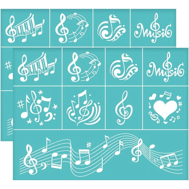 2 plantillas autoadhesivas de 28 x 22 cm (11 x 8,6 pulgadas) para serigrafía, con diseño de notas musicales y corazones. Ideales para pintar sobre madera, camisetas y telas.