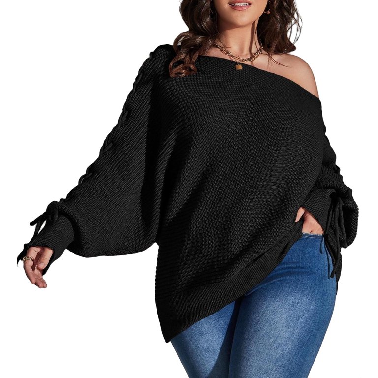 Casual Plain Asymmetrical Neck Long Sleeve Black Plus Size Sweaters (Women's Plus) - Walmart.com
