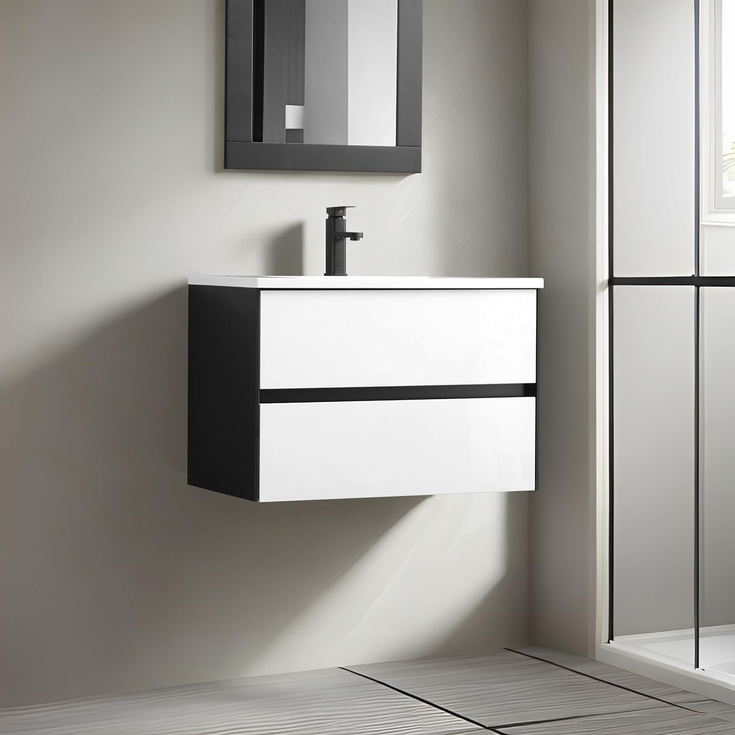 Eclife 30" Bathroom Vanity Cabinet with Undermount Ceramic Sink, 2 Big Drawers, Matte Black Faucet