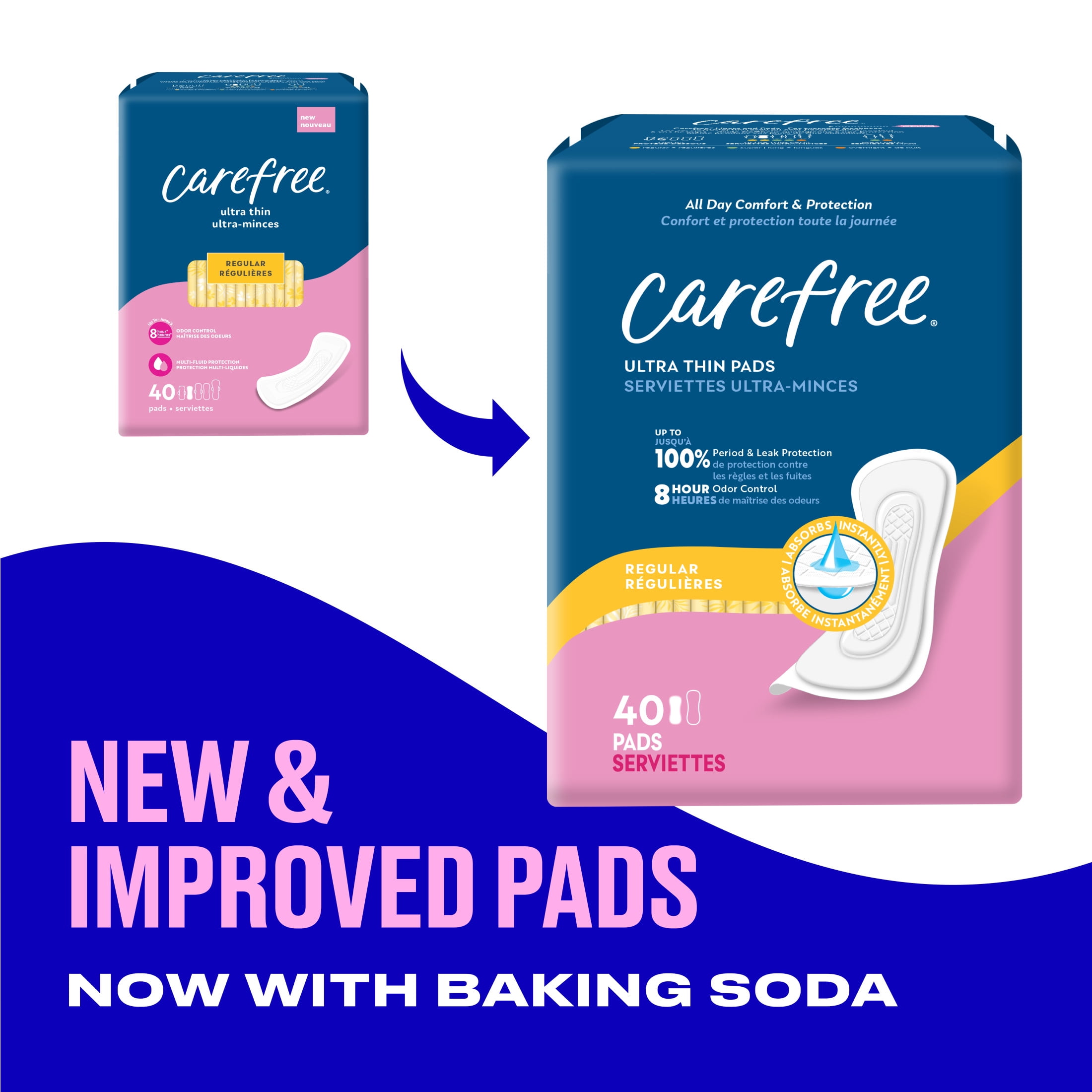 (2 pack) Carefree Ultra Thin Pads without Wings, Regular Absorbency, 40 Count