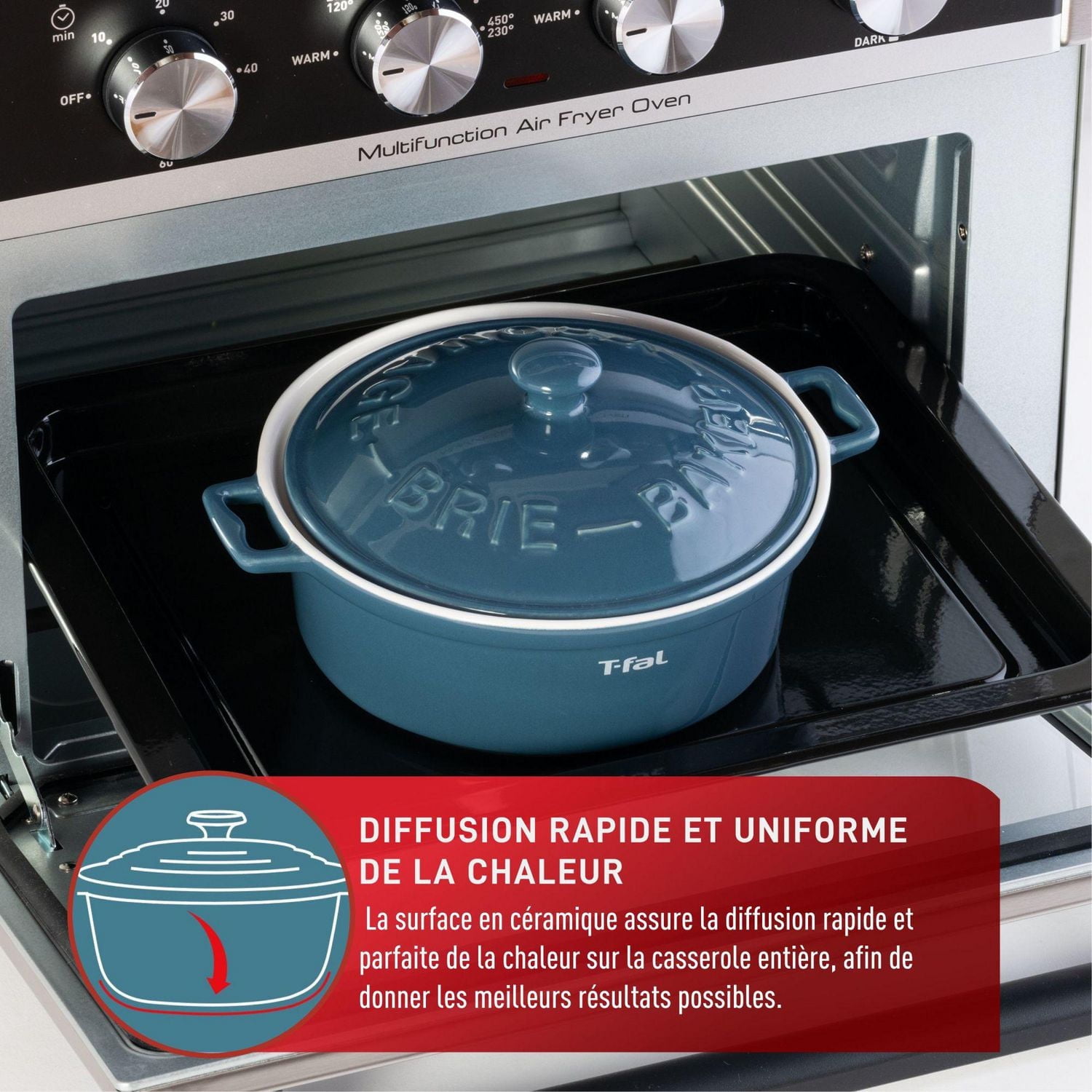 T-Fal Ceramic Brie Baker with lid and handles, 7-in/18cm, blue, 7-in/18cm