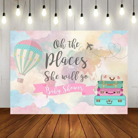 Image of Hot air Balloon Baby Shower Backdrop Baby Girls Oh The Place You ll Go Travel Birthday Photography Background Princess Pink World Map Newborn Baby Personalized Portrait Decorations Ba