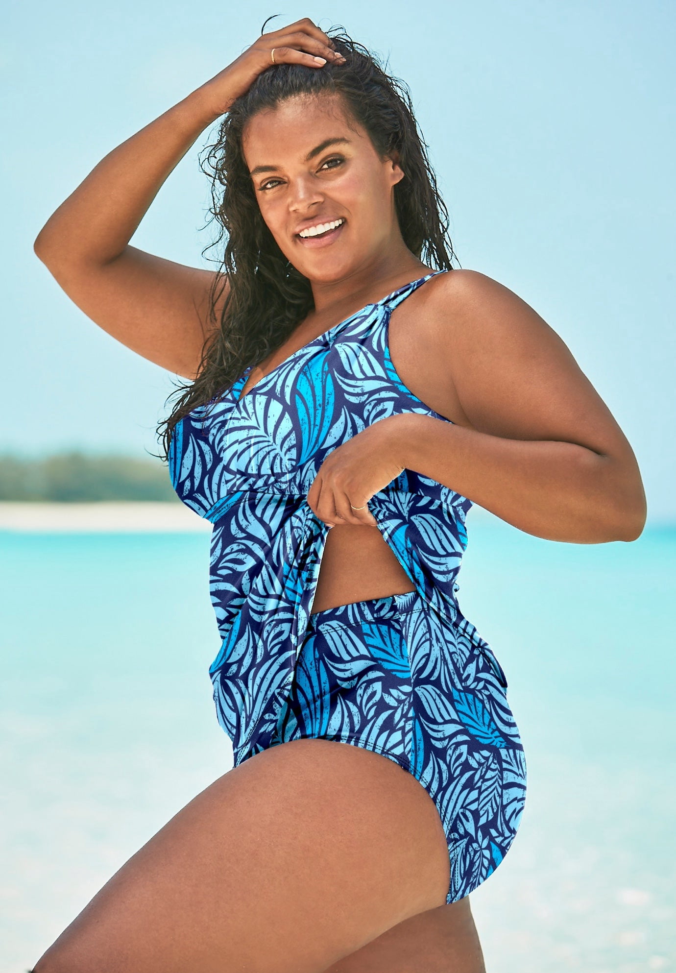 Swim 365 Women's Plus Size Loop-Strap V-Neck Tummy Control Two-Piece Swim Dress