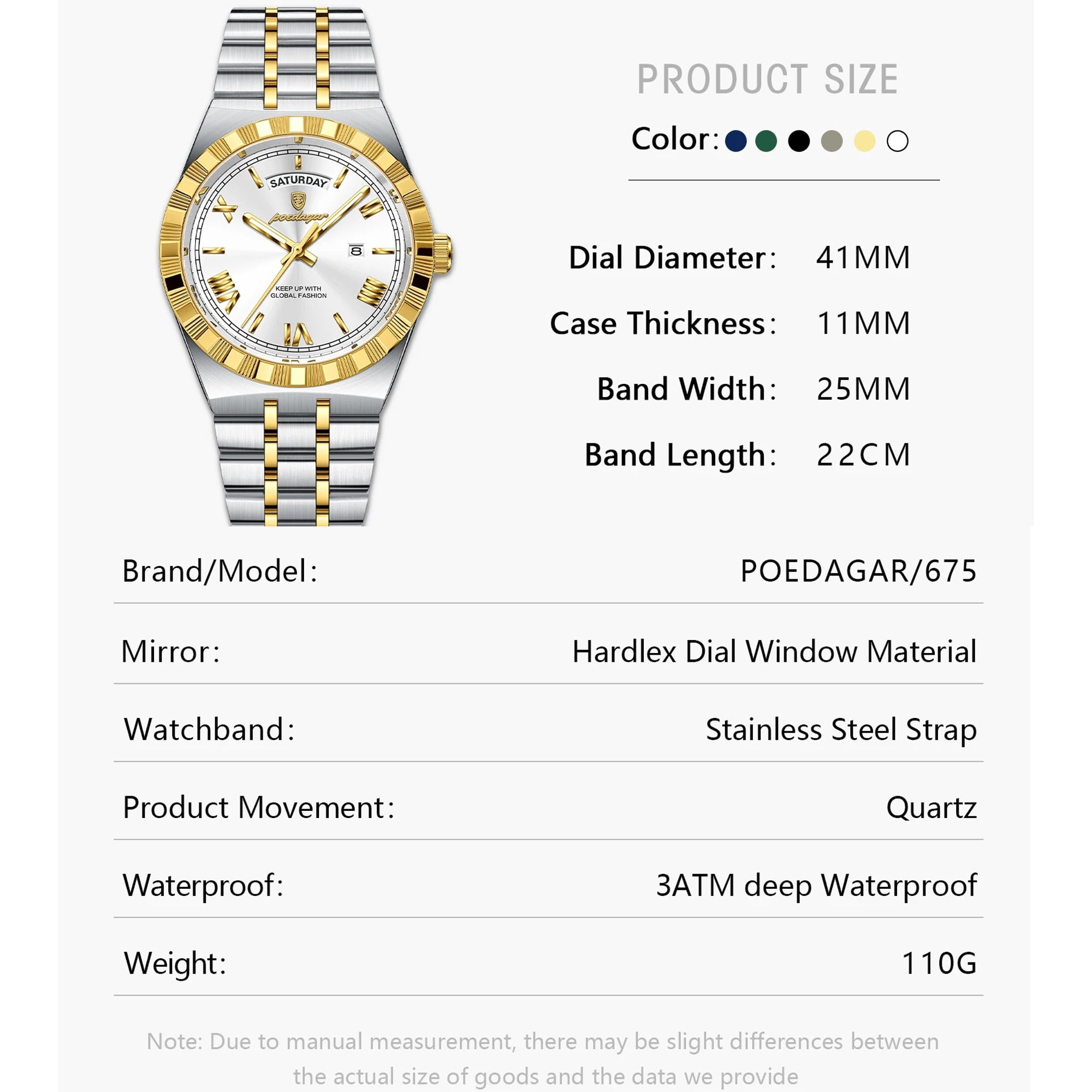POEDAGAR Luxury Men's Waterproof Luminous Wrist Watch with Date Week Display Stainless Steel Strap