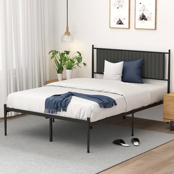 Full Bed Frame Metal Platform Bed with Headboard and Footboard  Metal Bed Frame Heavy Duty Steel Slat Mattress Foundation with Storage/No Box Spring Needed/Tool-Free Easy Assembly  Black