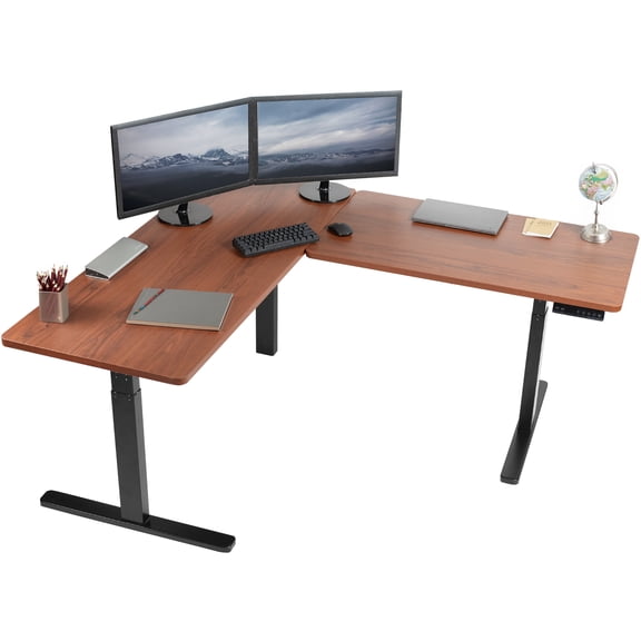 VIVO Electric Stand Up Corner Desk, Dark Walnut Table Tops, Black Frame