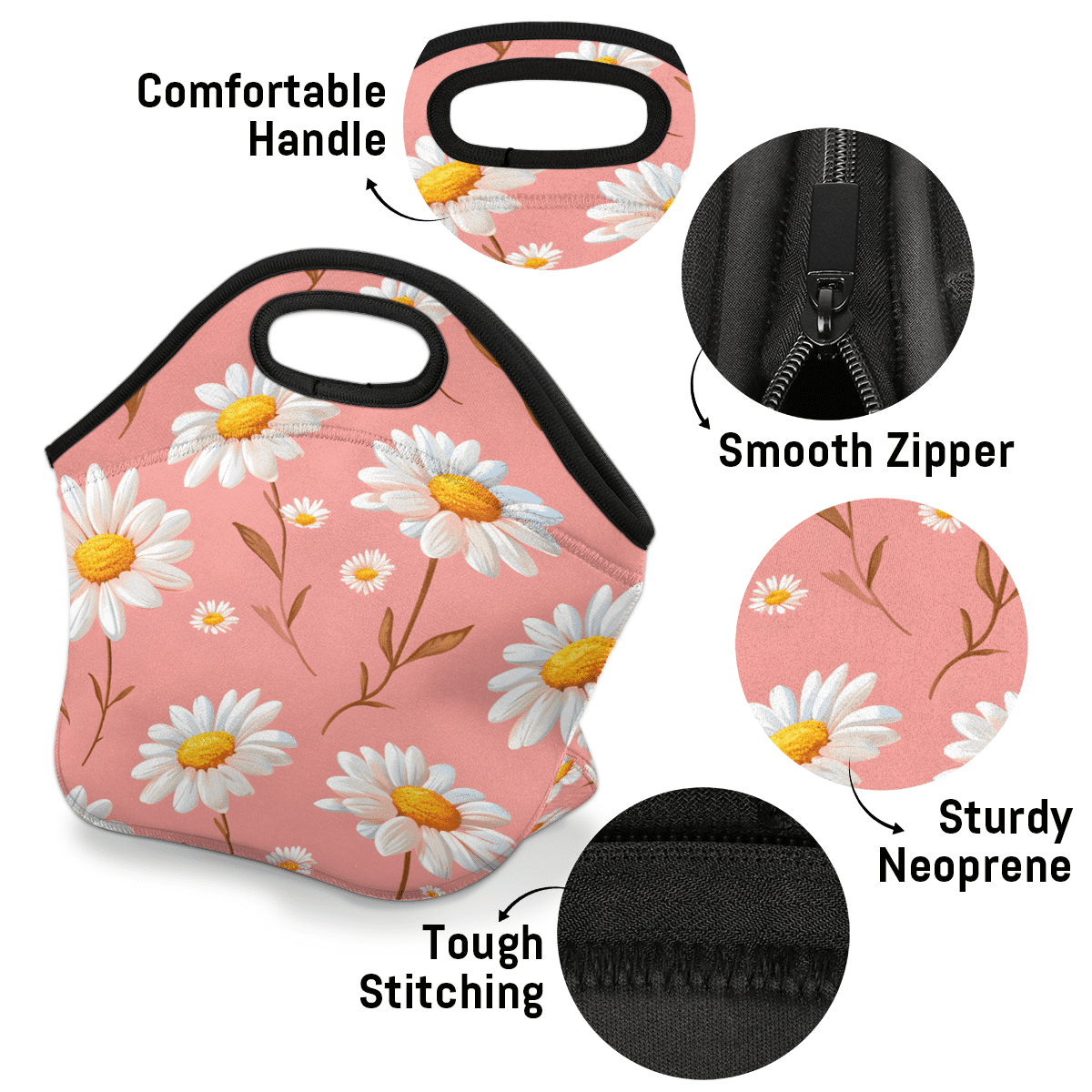 Herdesigns Pink Floral Neoprene Lunch Bag, Daisy Insulated Lunch Box for Women Men Washable Lunch Tote Soft Lunch Container With Zipper for Work Picnic Travel