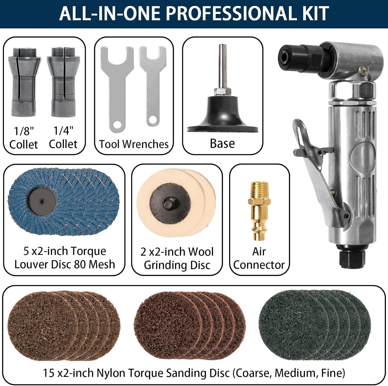 Right Angle Air Die Grinder With 22 Pcs 2-Inch Roll Lock Sanding Discs, 1/4 Inch Pneumatic Die Grinder Tool Mini Angle Grinder Kit For Grinding Polishing Deburring