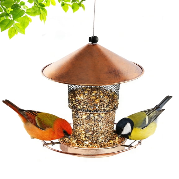 Yalumo Bird Feeders for Outdoors Hanging, Squirrel Chew-Proof Metal Wild Bird Feeder, Retractable Hanging Bird Feeder for Outside Garden Yard Decoration, Copper