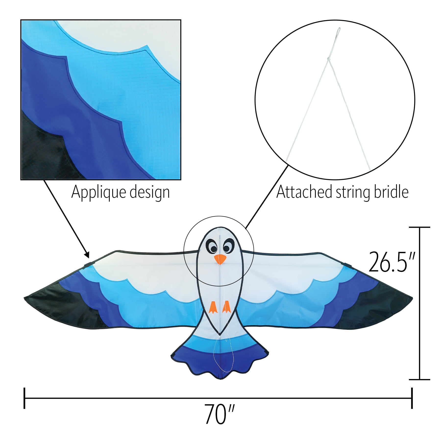 In the Breeze 3378 — 70-inch Blue Seabird Kite — Colorful, Easy-Flying, Single-Line Bird Kite; Kite Line Included