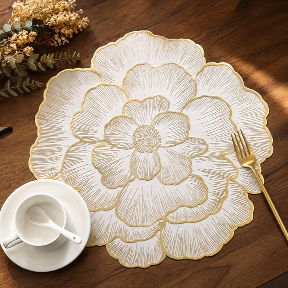 Placemats Set of 4 Gold Pressed Rose Flower Vinyl Round Place Mats | Washable Dining Table Decoration Mats for Birthday Holiday Party Wedding Kitchen Decor