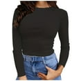 thumbnail image 1 of Blusa de manga larga elástica con costuras acanaladas para mujer - Corte ajustado, color liso, tejido acanalado suave, fácil de cuidar, 1 of 6