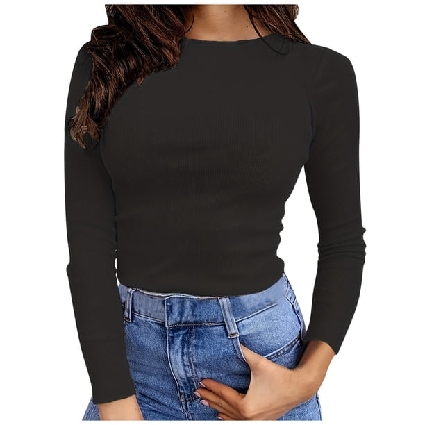 Blusa de manga larga elástica con costuras acanaladas para mujer - Corte ajustado, color liso, tejido acanalado suave, fácil de cuidar