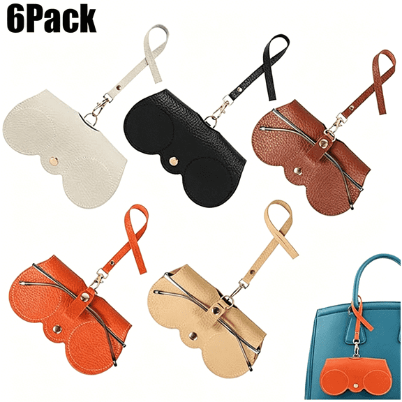 6Pack PU Leather Sunglasses Case,Portable Soft Eyeglass Holder with Detachable Hanging Strap,Anti-Scratch Glasses Pouch for Hanging Bag Attachment,Daily Commute Travel Outdoor Use