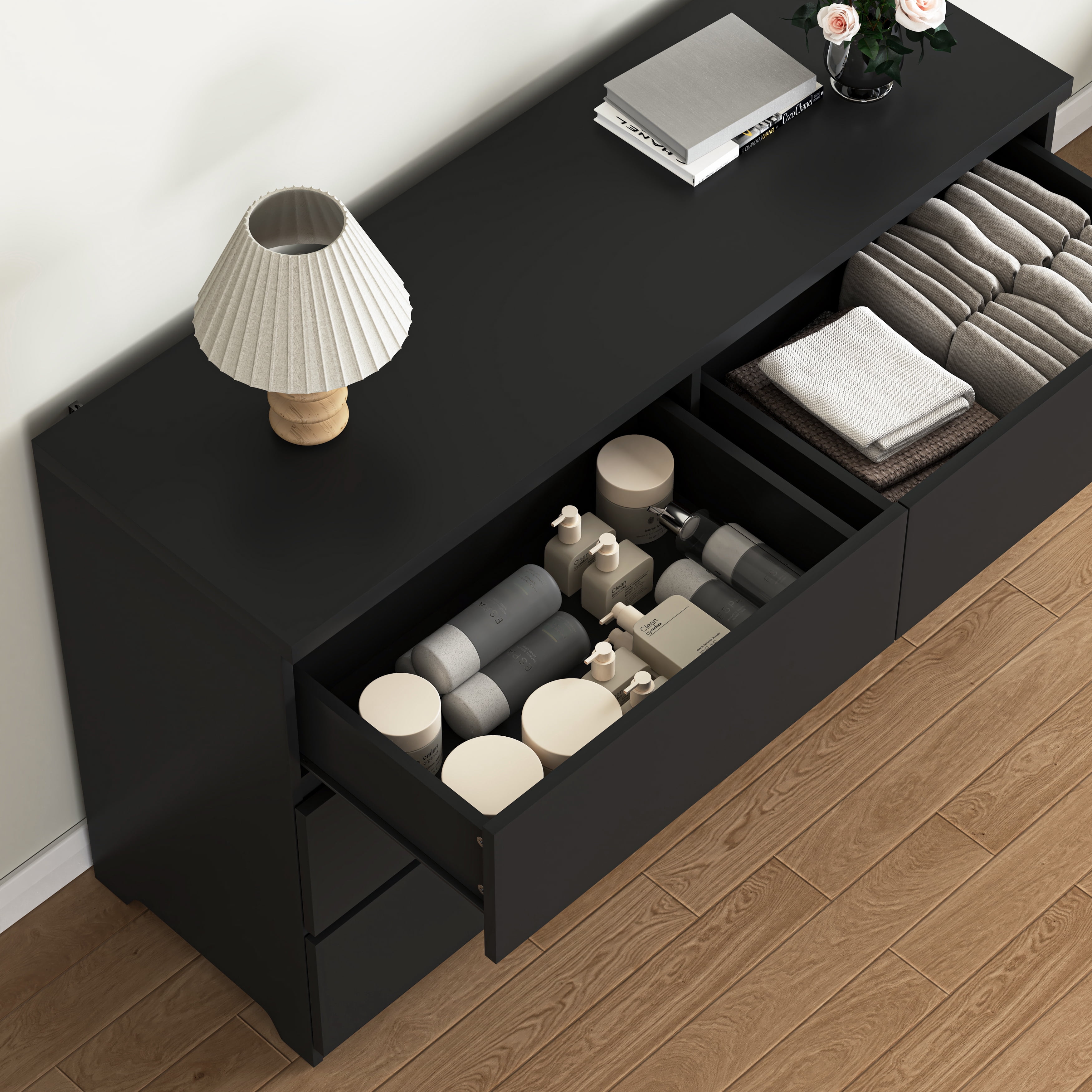 FFZ 6 Drawer Wood Dresser, Wide Storage Tower Clothes Organizer For Bedroom Hallway Living Room