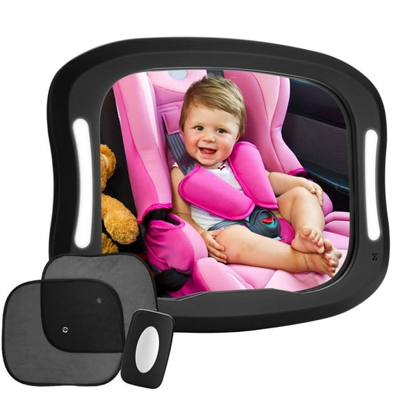 FITNATE Miroir de Sécurité pour Bébé à LED pour Siège Arrière 360 Réglable avec Meilleur Siège pour Nouveau-Né 4 Bandes Robustes Télécommande et 2 Pare-Soleil de Voiture