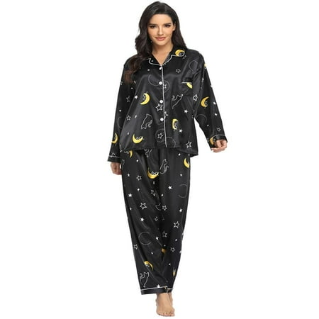 

Monfince Womens Silk Satin Pajamas Set Floral Print Polka Dot Sleepwear Autumn Spring Womens Silk Satin Pajamas Set
