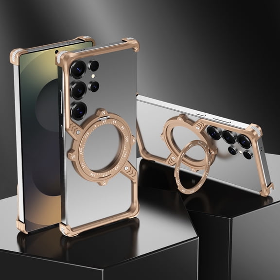 Dteck Minimalist Bumper Frame Phone Case for Samsung Galaxy S22 Ultra, Shockproof Kickstand Aluminum Metal Frameless Design Bumper Case, Protective Shock Grade Shell, Gold
