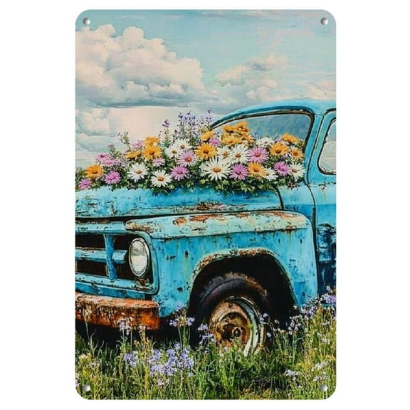 1pc Vintage Floral Truck Metal Tin Sign - Rustic Wall Art for Home, Office, Garage, Bathroom - 8x12 Inch Durable Iron with Pre-Drilled Holes for Easy Hanging
